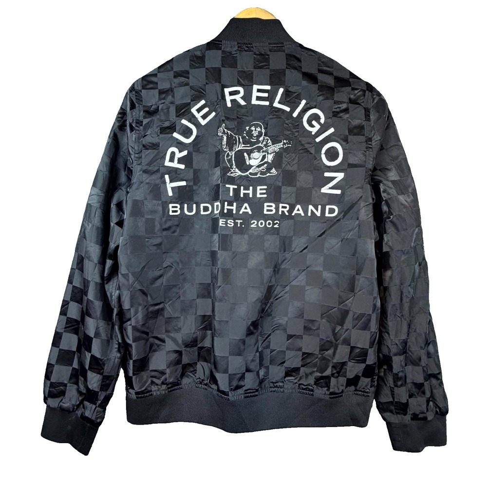 True Religion Bomber Jacket Mens Small Black Checkered The Buddha Brand Full Zip
